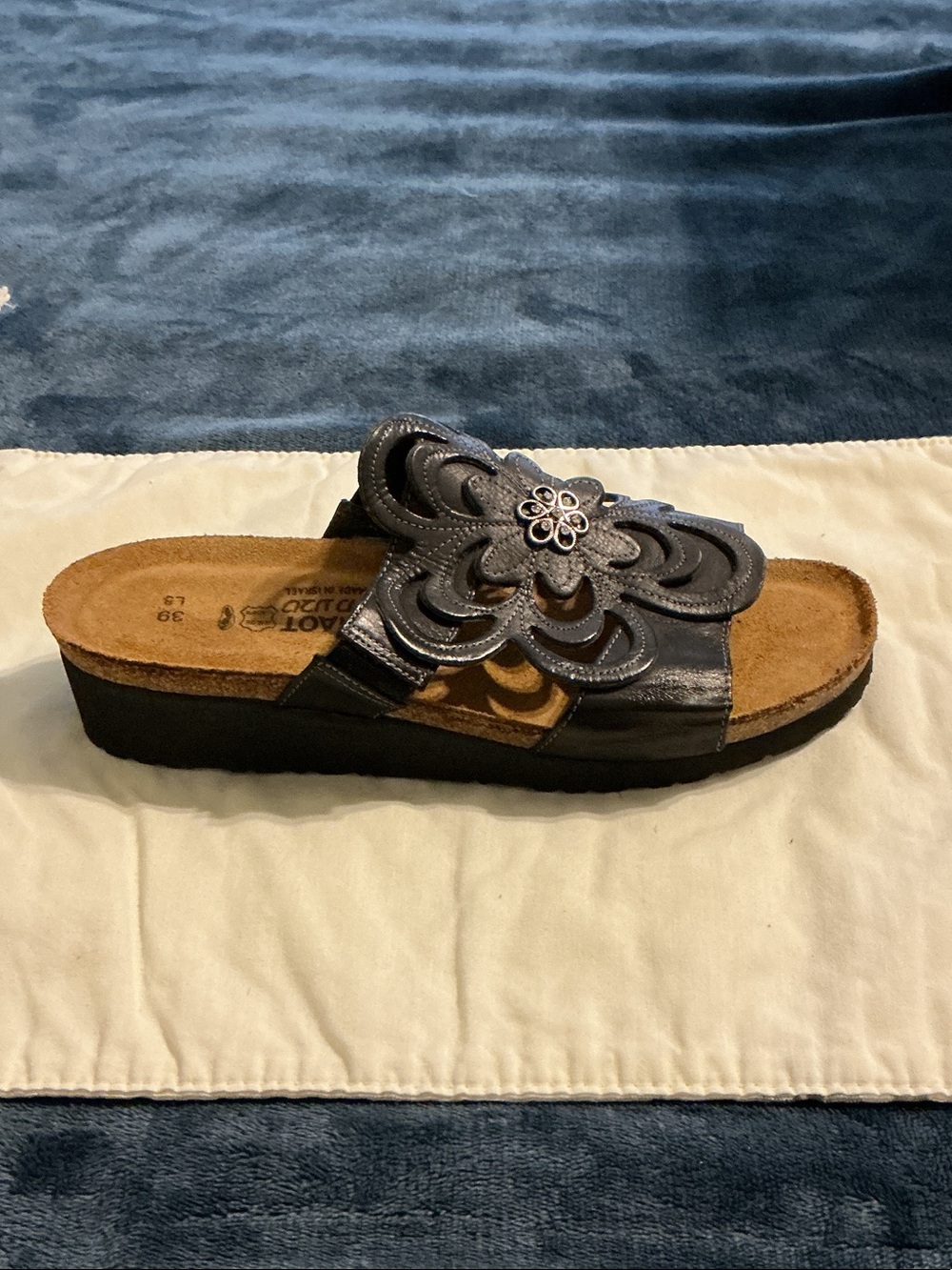 Naot Black Leather Floral Cutout Slide Mule